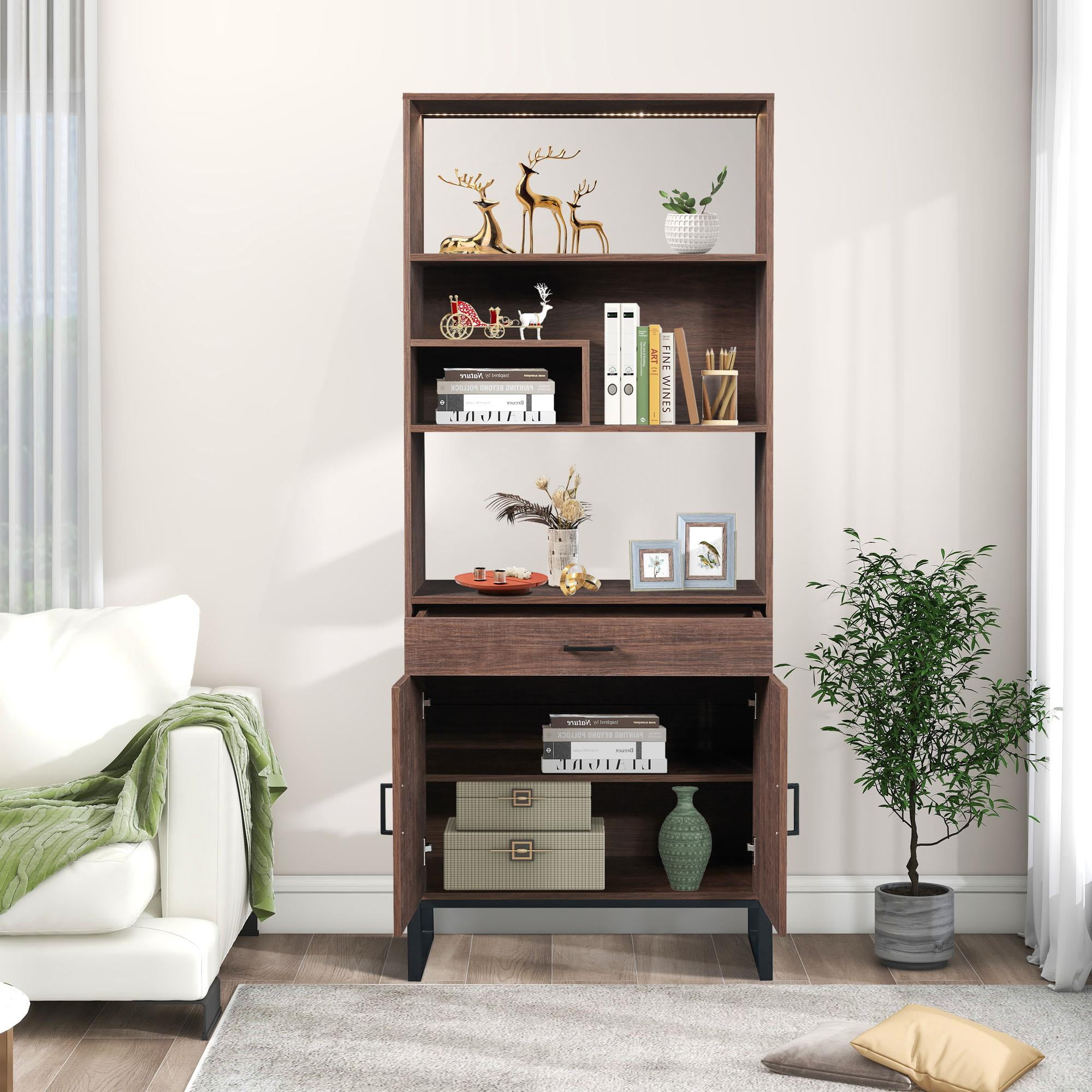CHEERFUN 75.9'' Modern Tall Bookshelf with Doors, Storage Drawer, LED ...