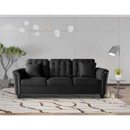 CHEERFUN 85.4 Inch Flare Arm Sofa for Living Room Bedroom Apartment, Modern Upholstered Couch with 2 Pillows, Black