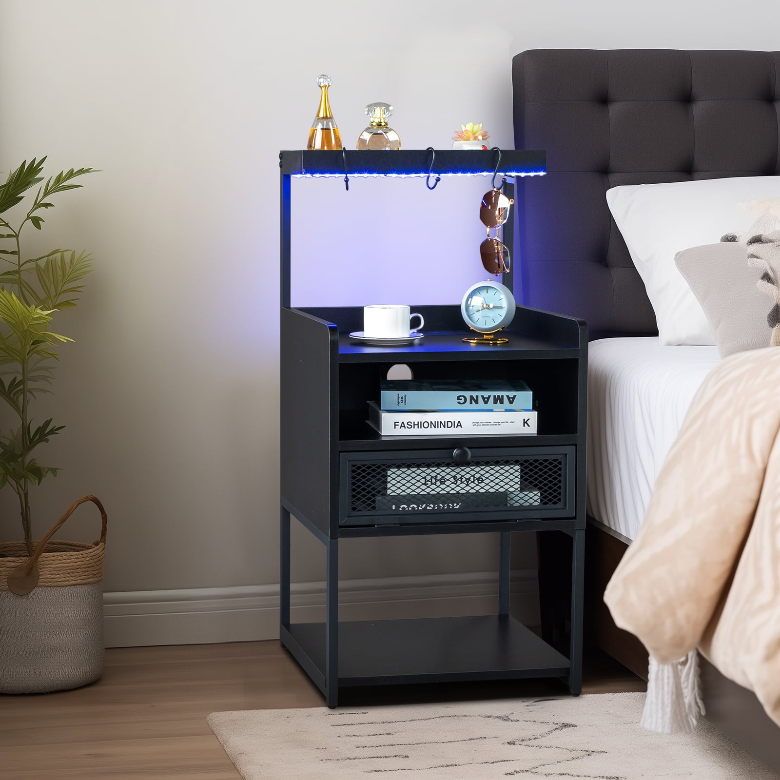 CHEERFUN FCH Black Wood Steel Nightstand with 1 Drawer, Shelf, LED ...