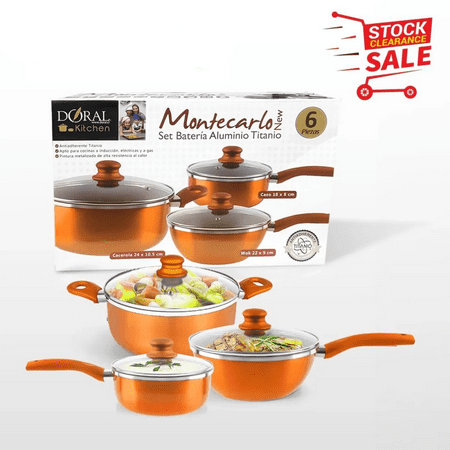 CHEERFUN Kitchen Cookware Set, 6 PCS Nonstick Pot and Pan Set - Wok, Soup, Milk Pot Set, Orange