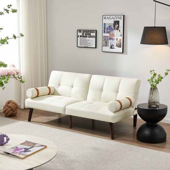 CHEERFUN Modern Convertible Sofa Bed Loveseat for Living Room Bedroom, Linen Fabric Sleeper Futon Couch, Ivory White