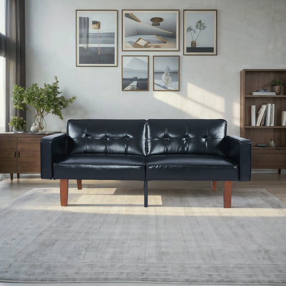 CHEERFUN Modern Sofa for Living Room Bedroom, PU Leather Backrest Can Be Flattened Convertible Sofa Bed, Black