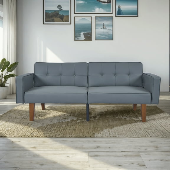CHEERFUN Modern Sofa for Living Room Bedroom, PU Leather Backrest Can Be Flattened Convertible Sofa Bed, Gray