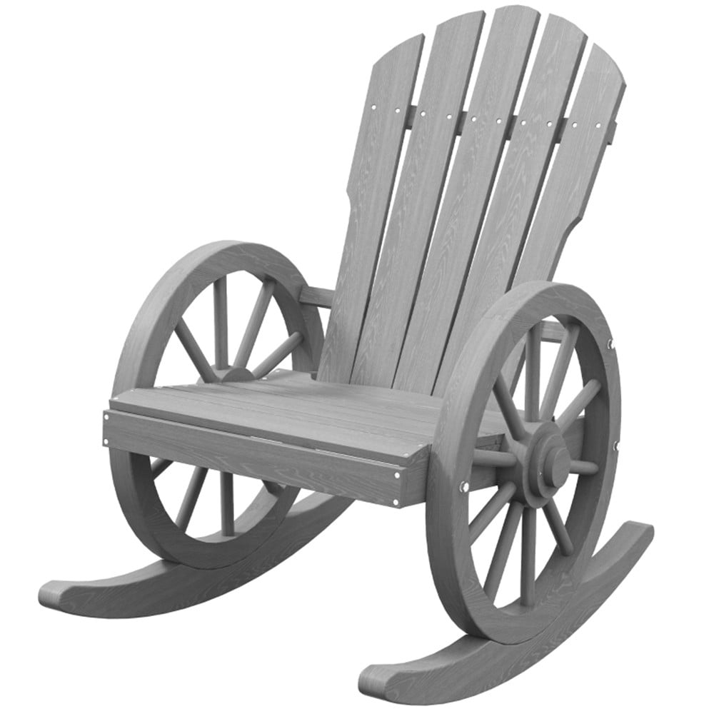 CHEERFUN Rustic Wagon Wheel Rocking Chair for Garden Patio, Gray Wooden ...