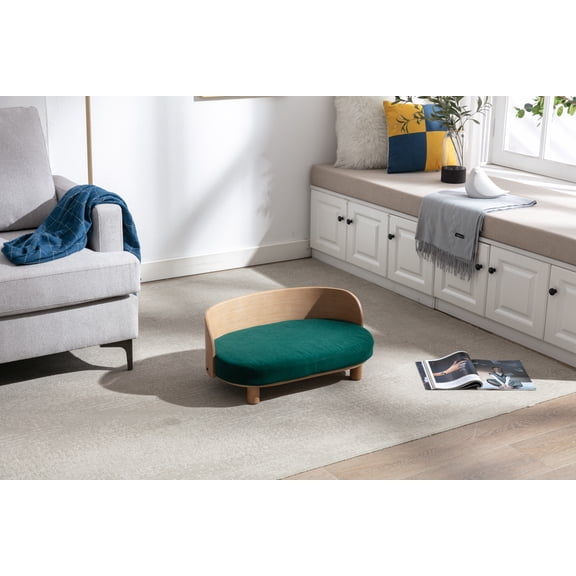 CHEERFUN Scandinavian Style Elevated Dog Bed Pet Sofa with Solid Wood Legs, Bent Wood Back, Velvet Cushion, Walnut