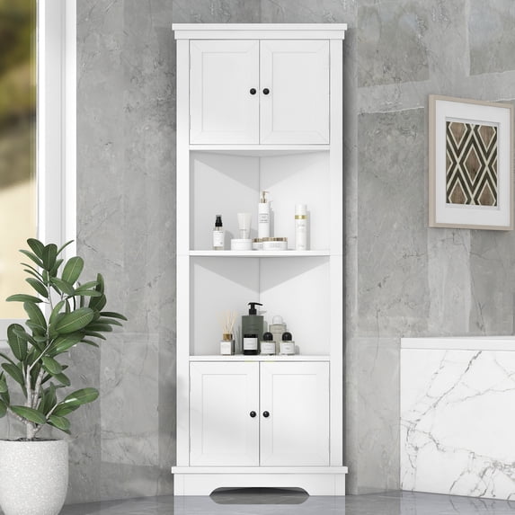 CHEERFUN Tall Bathroom Storage Cabinet, Corner Cabinet with Doors and Adjustable Shelf, White MDF