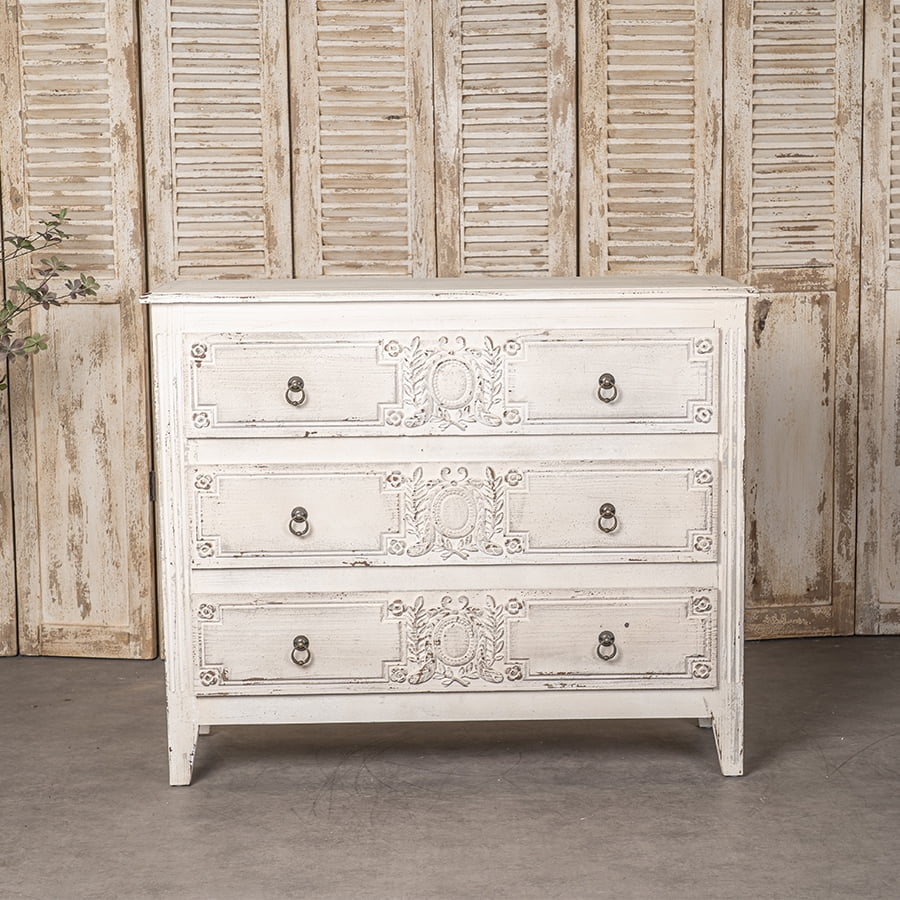 CHEERFUN Vintage White 3-Drawer Wooden Dresser with Distressed Finish and Ornate Carvings
