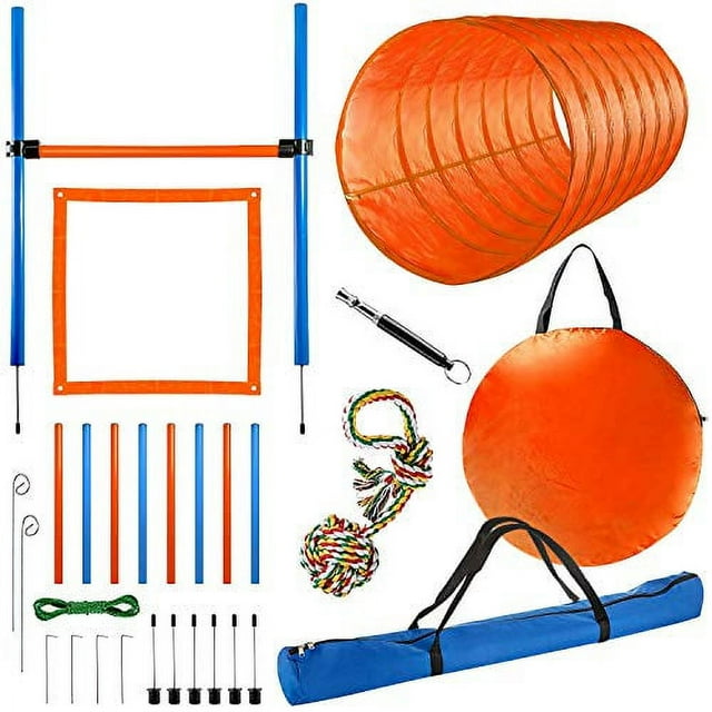 Dog Whistle PawHut 4 Pieces Dog Agility Training Equipment, Dog Obstacle Course Starter Kit Pet Outdoor Games With Weave Poles Adjustable Hurdle Jumping Ring Pause Box Whistle Toy Balls For Backyard Orange
