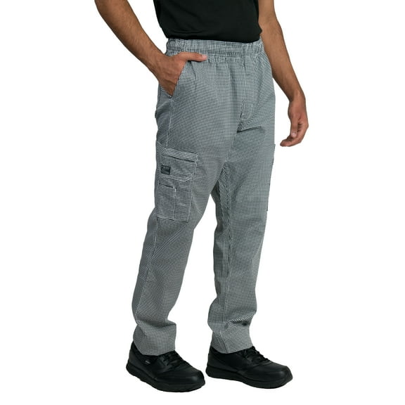 Chef Code Modern Slim Fit Chef Pants with Zipper Cargo Pockets, Elastic Waist, Houndstooth, XS