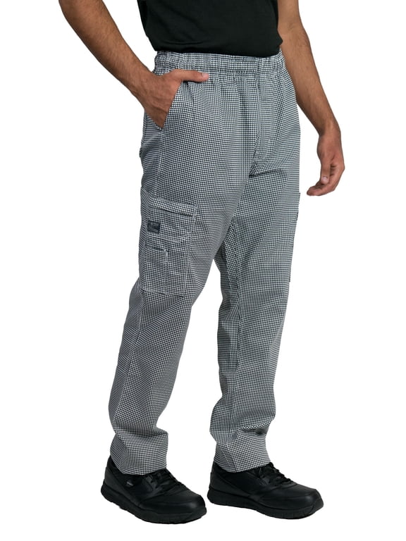 Modern Slim Fit Chef Pants with Zipper Cargo Pockets, Elastic Waist, Houndstooth, XS