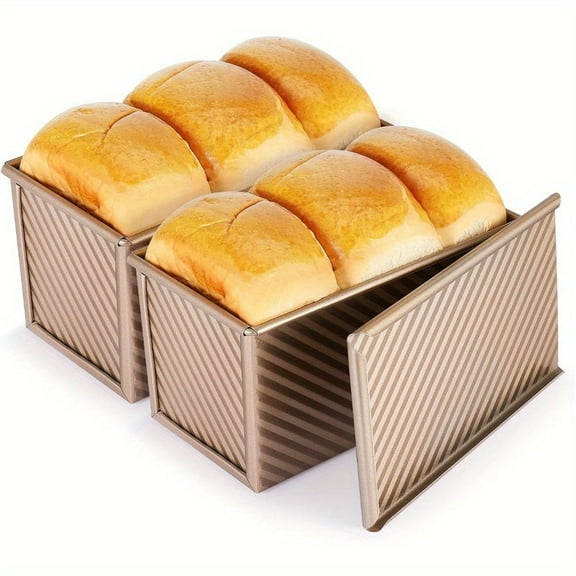 CHEF LANG 2pcs Pullman Loaf Pan with Lid, 1 lb Dough Capacity Non-Stick Bakeware for Baking Bread, Carbon Steel Corrugated Bread Toast Box Mold with Cover for Baking Bread, Gold