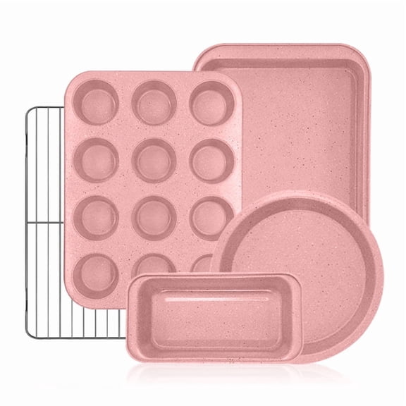 CHEF LANG 5 Pieces Baking Pans Set,Stackable Bakeware Set,Nonstick Baking Sheet Set for Oven,Complete Carbon Steel Bakeware Set,Dishwasher Safe,Pink