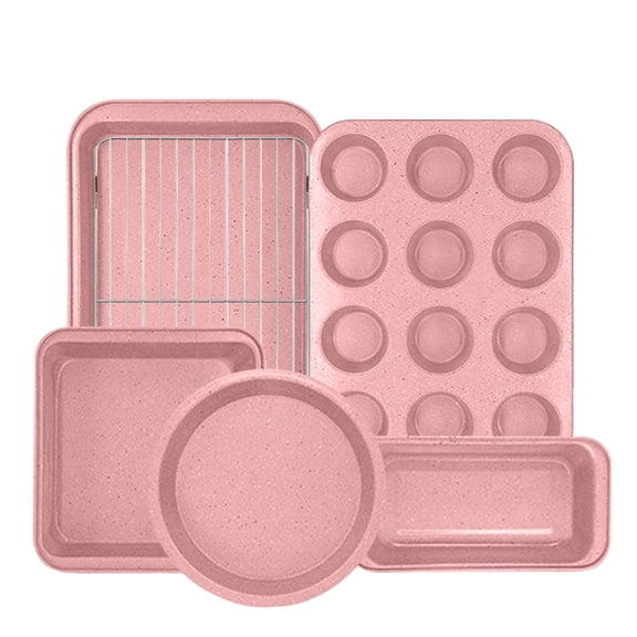 CHEF LANG Bakeware Sets, 5pcs Pans Set, Non-Stick Kitchen Pan,Including Baking Accessories, Cookie Chips, Cake Pan, Bread Pan, Muffin Pan, Pizza Pan - Pink