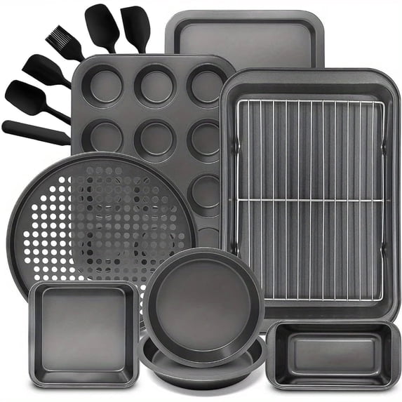 CHEF LANG Bakeware Sets, Baking Pans Set, Nonstick Oven Pan for Kitchen, 15 Pieces Including Rack, Cookie Sheet, Cake Pans, Loaf Pan, Muffin Pan, Pizza Pan - Grey
