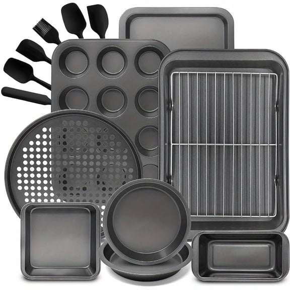 CHEF LANG Bakeware Sets, Baking Pans Set, Nonstick Oven Pan for Kitchen, 15 Pieces Including Rack, Cookie Sheet, Cake Pans, Loaf Pan, Muffin Pan, Pizza Pan - Grey