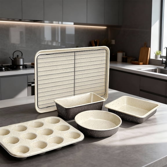 CHEF LANG Non-Stick Pan Set, 6-Piece Kitchen Oven Pan, Pan with Round/Square Cake Pan, Muffin Pan Kitchen Baking Essentials, Brown Cream White