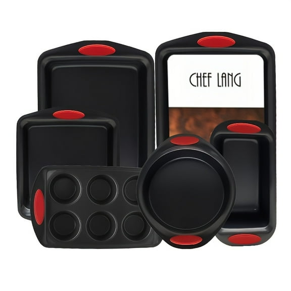 CHEF LANG Non-stick 6pcs Baking sheet Set, Carbon steel Baking sheet Set, silicone handle, Stackable Kitchen Oven Set, Cookie sheet, Baking sheet, Baking sheet Set, Oven safe