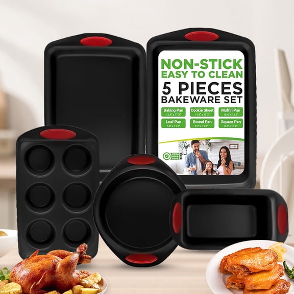 CHEF LANG Nonstick Bakeware Set - 5 Piece Baking Pan Tray Set With Silicone Handles & Utensils, Baking Sheet, Carbon Steel Cookie Sheets, Baking Dish, Baking Pans, Black