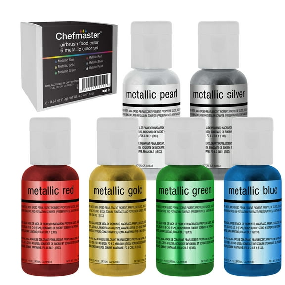 CHEF MASTER Gluten-Free Metallic Airbrush Food Coloring Set, 0.7 fl oz (6 Bottles)