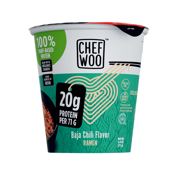 CHEF WOO Baja Chili Ramen Cup High Protein Noodles (12 PACK), 20g of Animal-free, Bioavailable Protein | Made in U.S. |