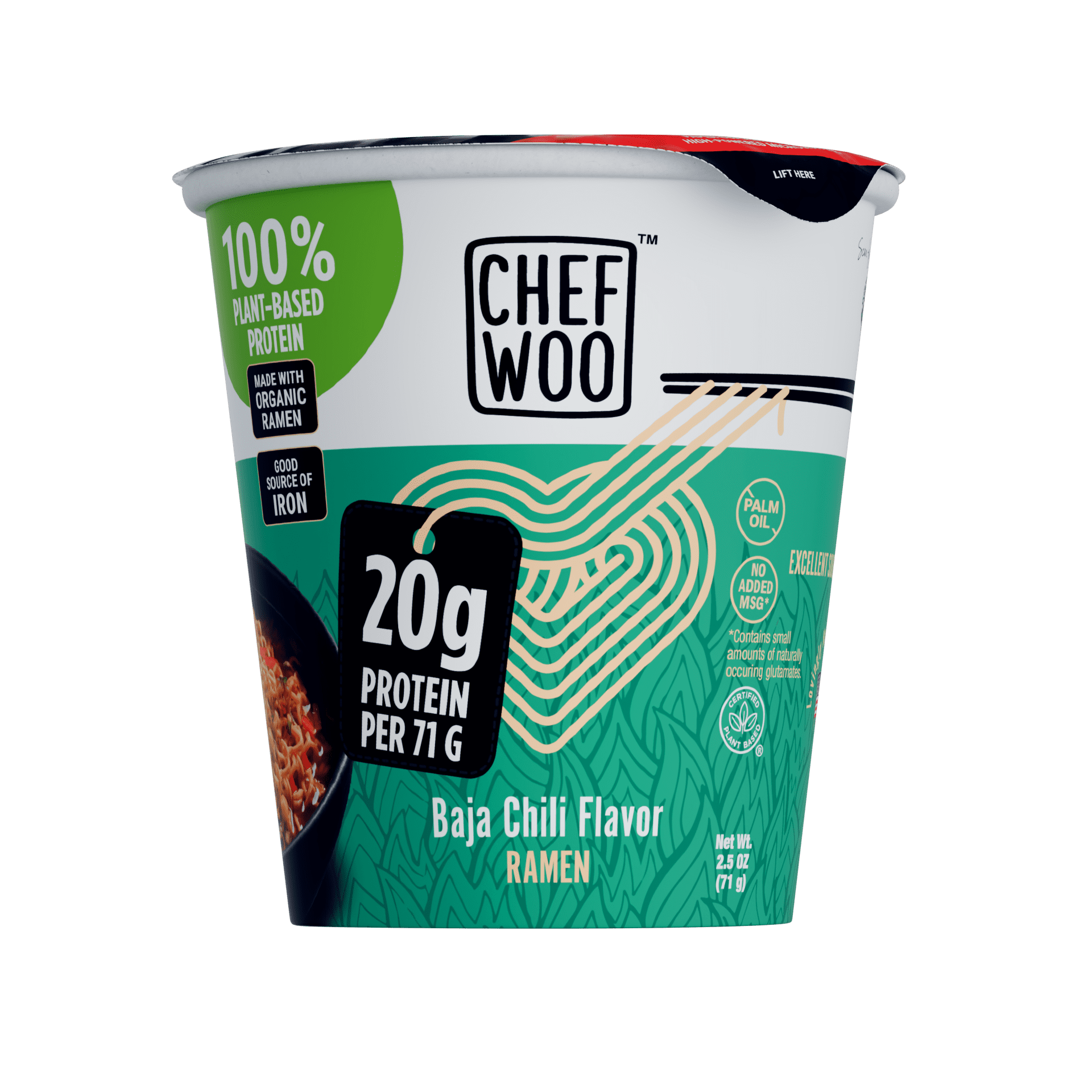CHEF WOO Baja Chili Ramen, High Protein Noodles, 20g of Animal-free, Bioavailable Protein, 2.5 oz Cup