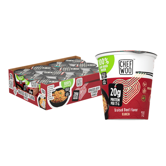 CHEF WOO Braised Beef Ramen Cup High Protein Noodles (12 PACK), 20g of Animal-free, Bioavailable Protein | Made in U.S. |