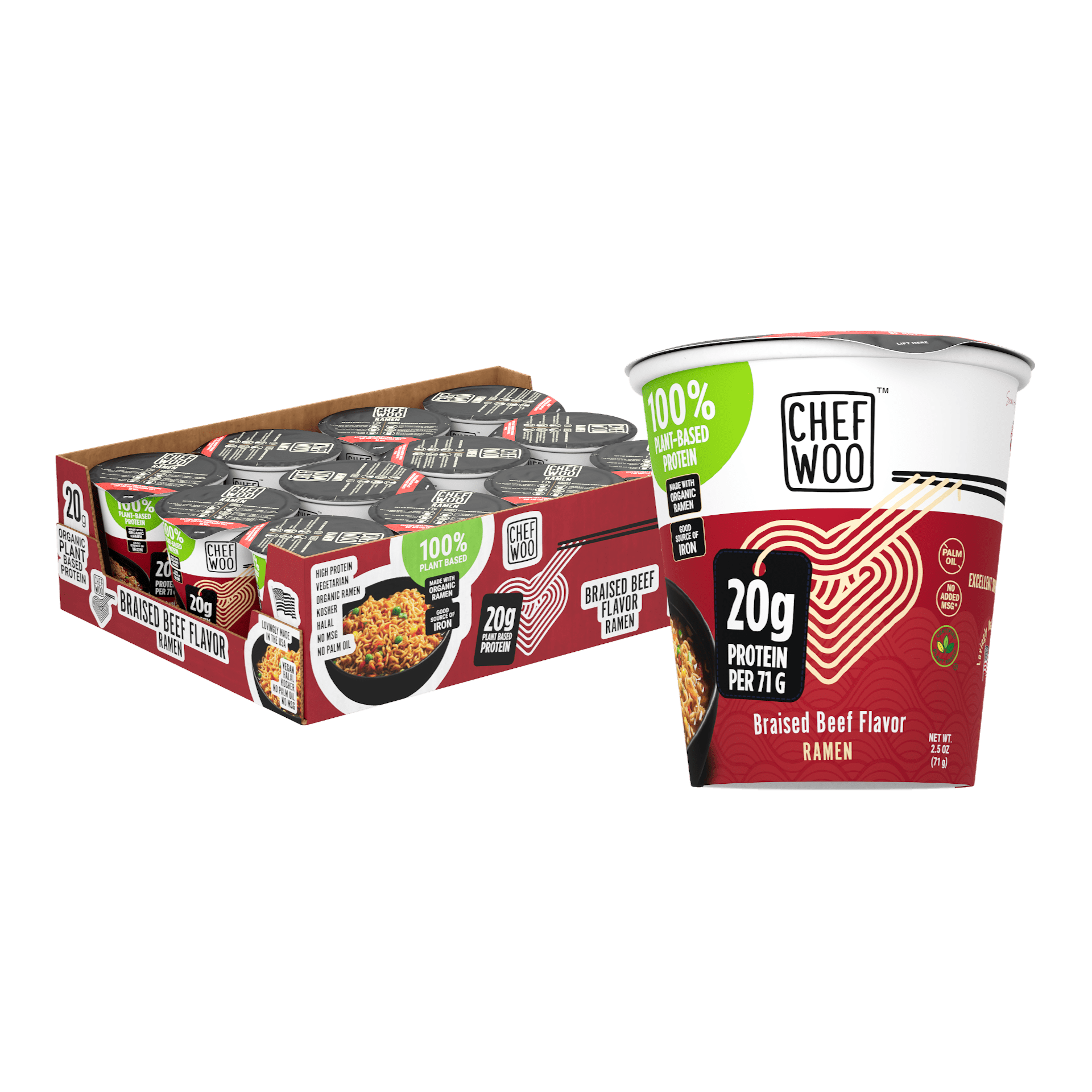 CHEF WOO Braised Beef Ramen Cup High Protein Noodles (12 PACK), 20g of Animal-free, Bioavailable Protein | Made in U.S. |