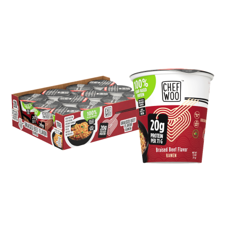 CHEF WOO Braised Beef Ramen Cup High Protein Noodles (12 PACK), 20g of Animal-free, Bioavailable Protein | Made in U.S. |