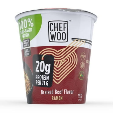 CHEF WOO Braised Beef Ramen, High Protein Noodles, 20g of Animal-free, Bioavailable Protein, 2.5 oz Cup