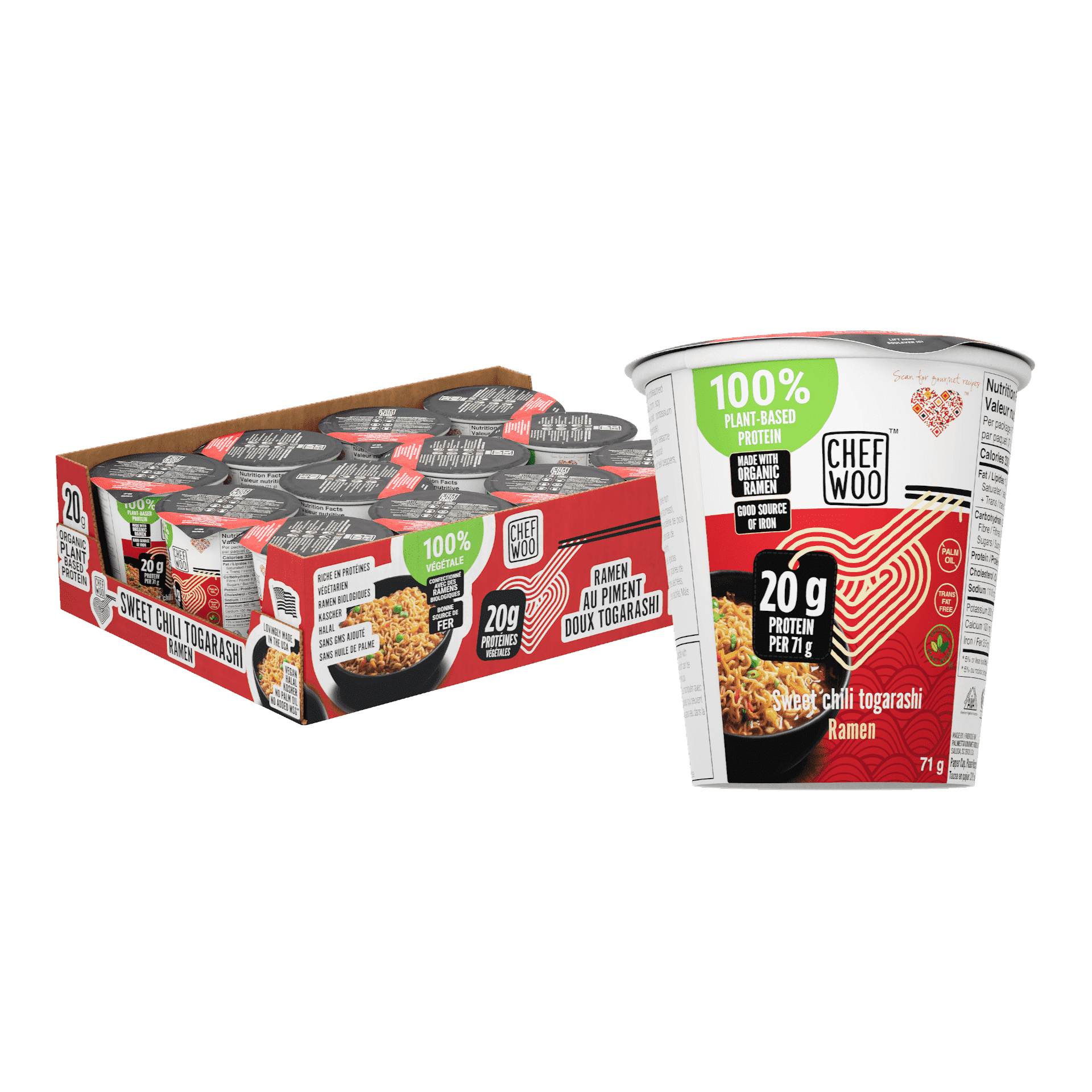 Chef Woo Sweet Chili Togarashi Ramen Cup High Protein Noodles, 12 Pack, 2.5 oz