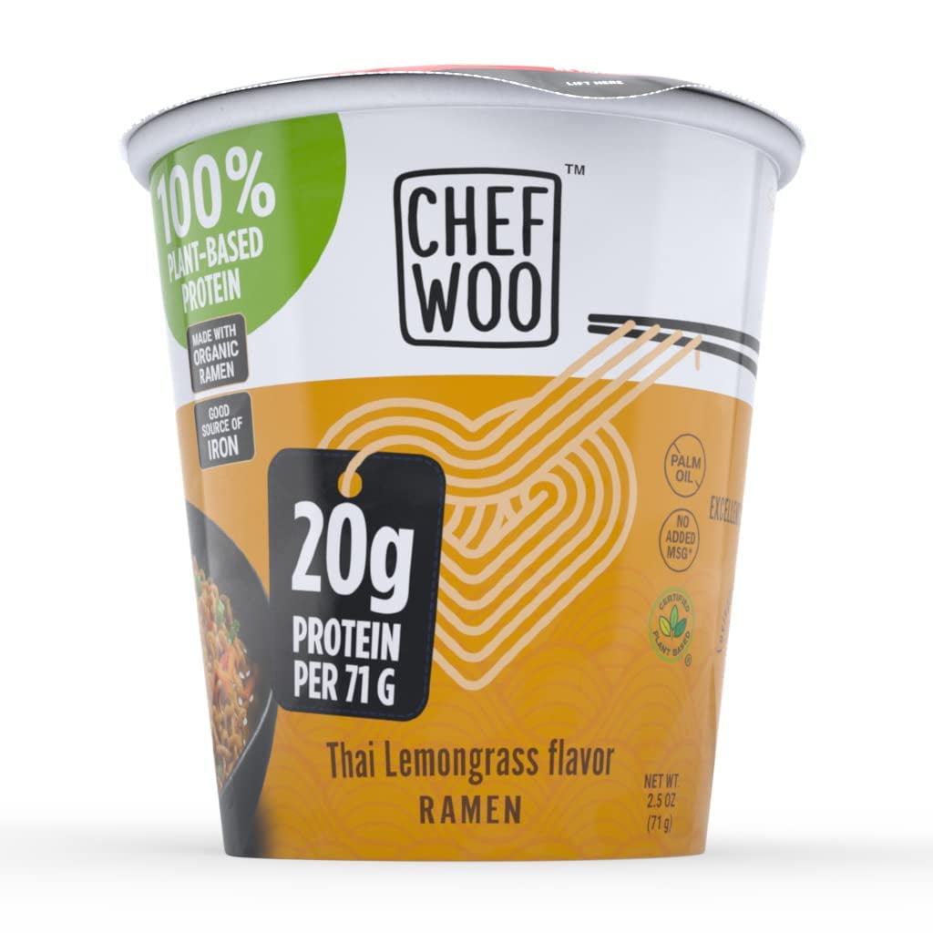CHEF WOO Ramen Cup Noodles, Vegan, Kosher, Egg and DairyFree, Thai Lemongrass Ramen, Pack of 12