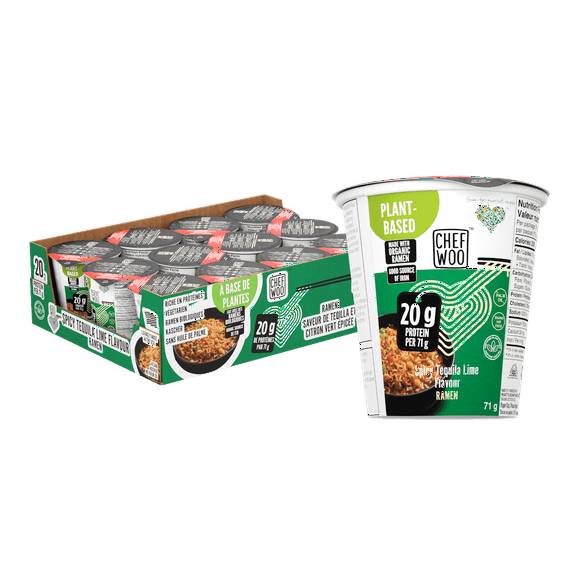 CHEF WOO Spicy Tequila Lime Ramen Cup High Protein Noodles (12 PACK), 20g of Animal-free, Bioavailable Protein | Made in U.S. |