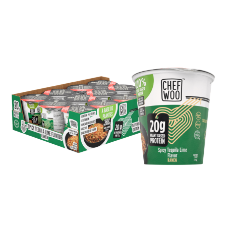 CHEF WOO Spicy Tequila Lime Ramen Cup High Protein Noodles (12 PACK), 20g of Animal-free, Bioavailable Protein | Made in U.S. |
