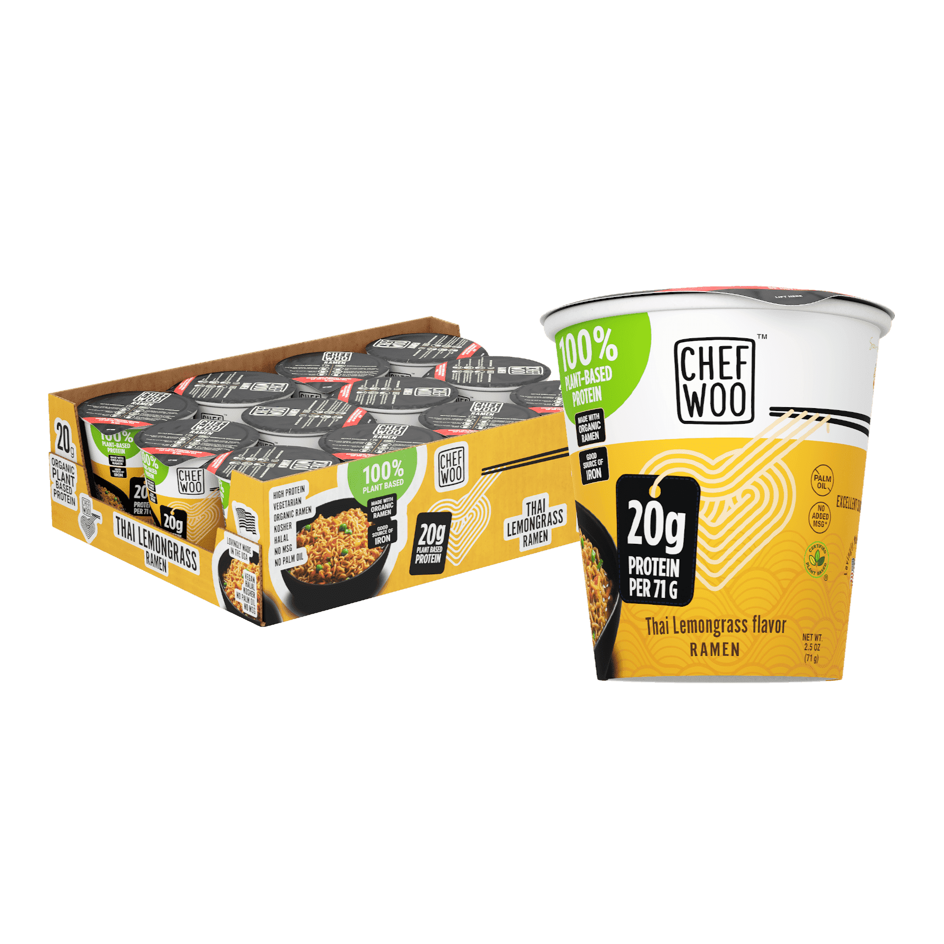 CHEF WOO Thai Lemongrass Ramen Cup High Protein Noodles (12 PACK), 20g of Animal-free, Bioavailable Protein | Made in U.S. |