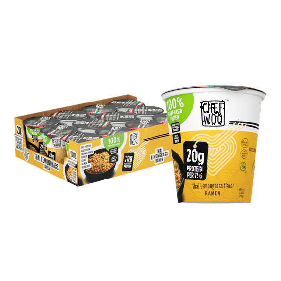 CHEF WOO Thai Lemongrass Ramen Cup High Protein Noodles (12 PACK), 20g of Animal-free, Bioavailable Protein | Made in U.S. |