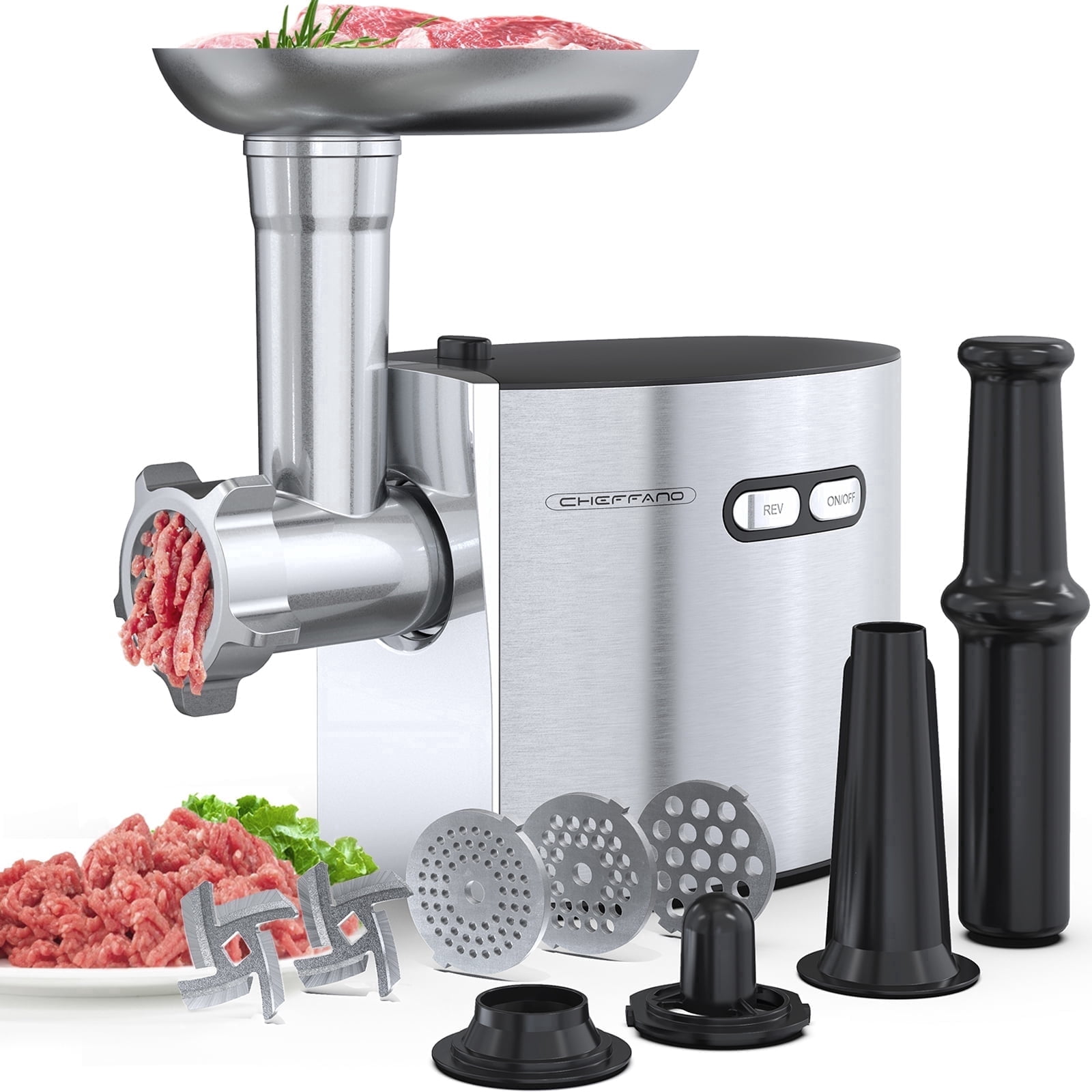 CHEFFANO Meat Grinder, 2600W Max, 304Stainless Steel Meat Grinder Electric, ETL Approved Heavy Duty Meat Mincer Machine with 2 Blades, 3 Plates, Sausage Stuffer Tube & Kubbe Kit for Home Kitchen Use