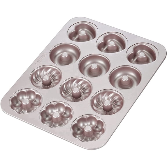 CHEFMADE Donut Mold Cake Pan, 12-Cavity Non-Stick Pattern Doughnut Bakeware for Oven Baking,Dishwasher Safe (Champagne Gold)