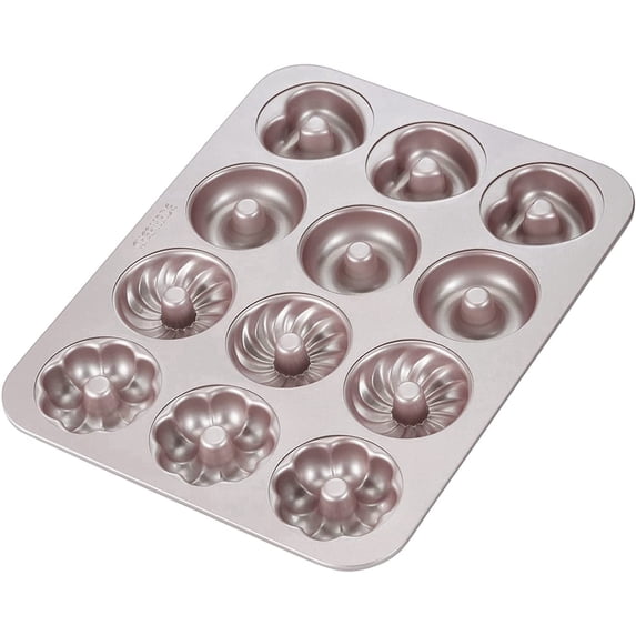 CHEFMADE Donut Mold Cake Pan, 12-Cavity Non-Stick Pattern Doughnut Bakeware for Oven Baking,Dishwasher Safe (Champagne Gold)