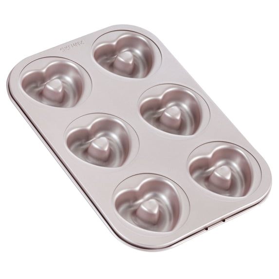 CHEFMADE Donut Mold Cake Pan, 6-Cavity Non-Stick Heart-Shaped Carbon Steel Doughnut Bakeware, Dishwasher Safe(Champagne Gold)
