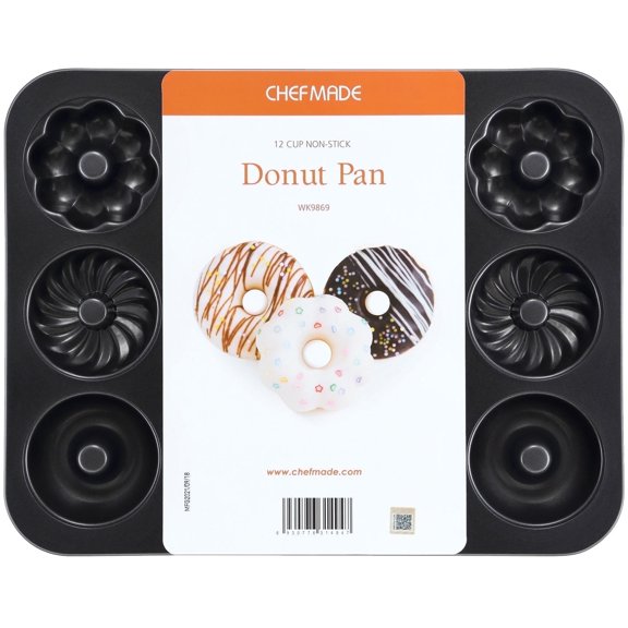 CHEFMADE Donut Pan, Non-Stick 12-Cavity Pattern Doughnut Pan for Baking(Black)