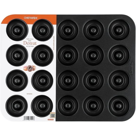 CHEFMADE Donut Pan, Non-Stick 20-Cavity Mini Ring Doughnut Baking Pan(Black)