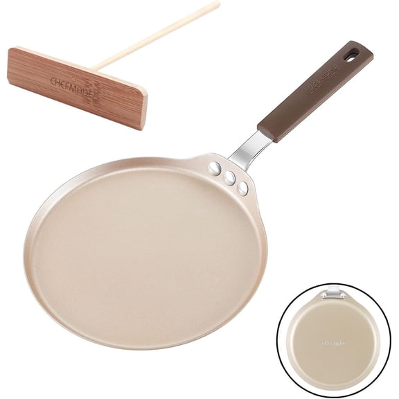 CHEFMADE Mini Crepe Pan with Bamboo Spreader, 6-inch Non-Stick Pancake Pan with Insulating Silicone Handle for Gas, Induction, Electric Cooker (Champagne Gold)