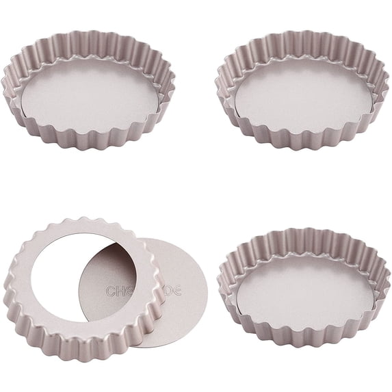 CHEFMADE Mini Tart Pan Set, 4-inch 4Pcs with Removable Loose Bottom Non-Stick Round Quiche Bakeware for Oven and Instant Pot Baking (Champagne Gold)