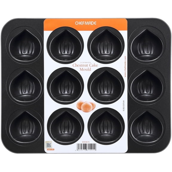 CHEFMADE Muffin Cake Pan, 12-Cavity Non-Stick Carbon Steel Chestnut-Shaped Bakeware for Oven Baking(Black)