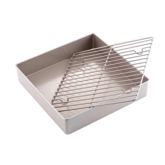 CHEFMADE Roasting Pan with Rack, 11-inch Non-Stick Square Deep Dish Cake Pan with Wire Rack, Dishwasher Safe for Oven Baking, BBQ, Jelly Roll & Roasting 11.2" x 11.2" x 2.4" (Champagne Gold)
