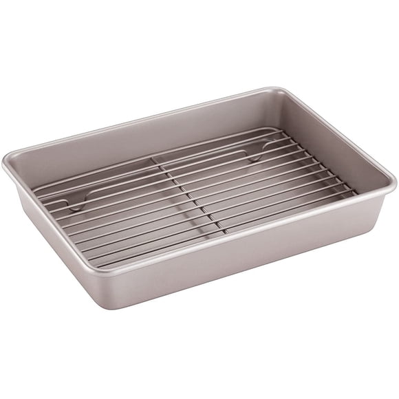 CHEFMADE Roasting Pan with Rack, 13-Inch Non-Stick Carbon Steel Bakeware, Oven & Dishwasher Safe, 9"x13"x2.4"(Champagne Gold)