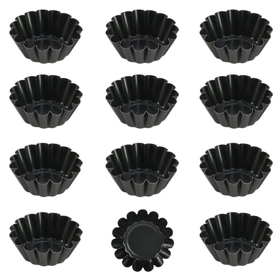 CHEFMADE Round Tart Pan Set, Non-Stick 2.5-inch 12Pcs Flower Tart Quiche Pan(Black)