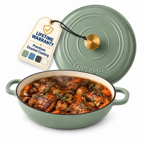 CHEFSPOT 3.5 Qt Enameled Cast Iron Braiser Pan with Self-Basting Lid, Sage Green