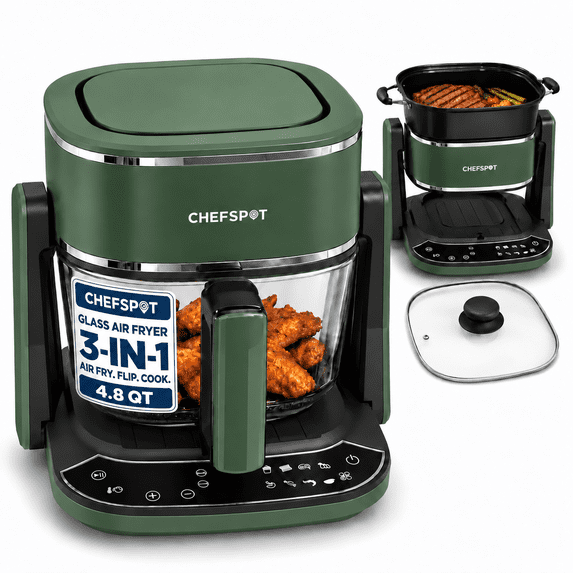 CHEFSPOT 3-in-1 Glass Air Fryer, Indoor Grill and Hot Pot Cooker, 4.8 Qt, 1300W, 8 Presets