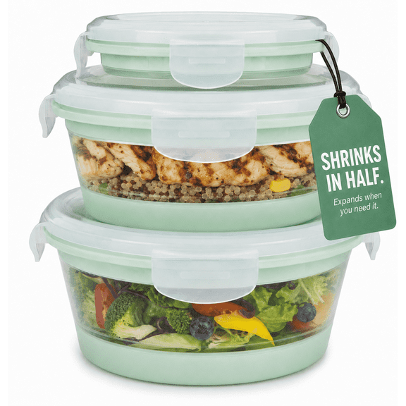 CHEFSPOT Collapsible Silicone Airtight Food Storage Containers, Foldable Bowls with Lids - 3 pack, Sage